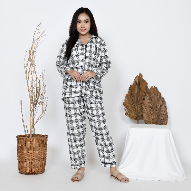 Baju Tidur Piyama Wanita/Cewek Pajamas Dewasa Katun Motif Kotak Kerlita PP Lengan Panjang Kekinian