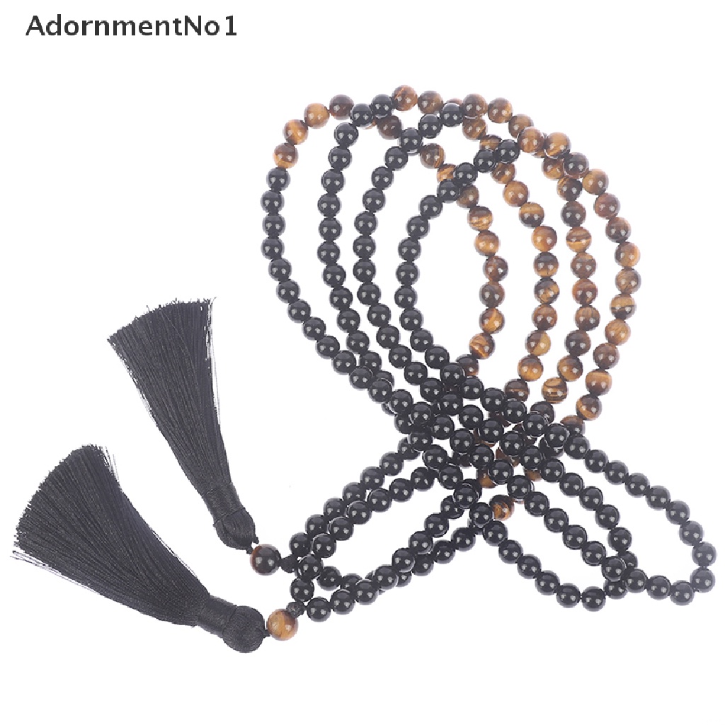 [AdornmentNo1] Natural Black Onyx &amp; Wood Beaded Mala Buddha Tassel Necklace Rosary 8mm Beads [new]