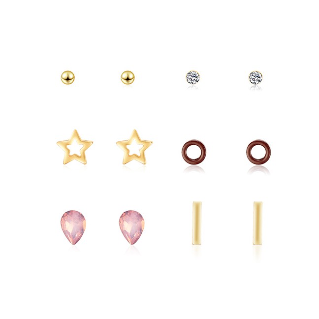 LRC Antintg Set Fashion Gold Hollow Five-pointed Star Round Diamond Stud Earrings 6 Pairs F29779