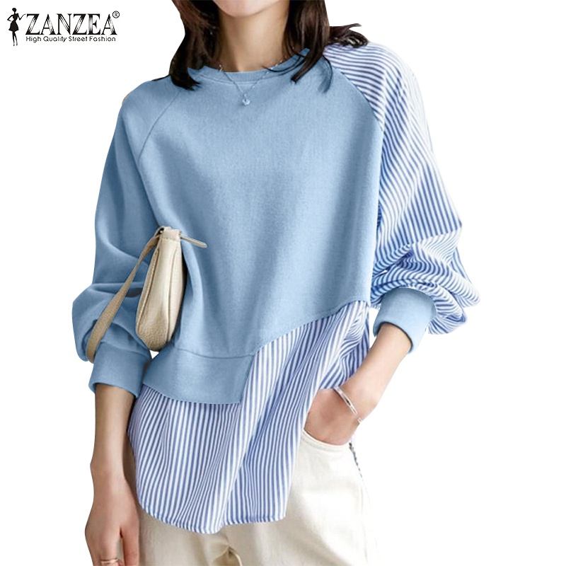 ZANZEA Women Office Loose Stripe Patchwork Top Holiday Casual Retro Long Sleeved Shirt Blouse