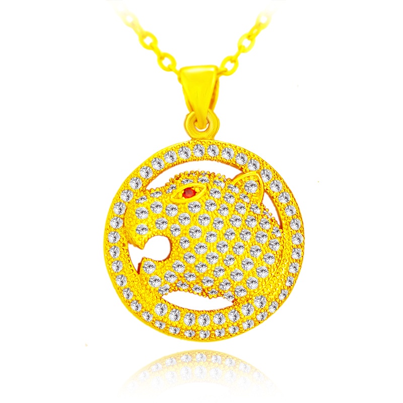Kalung Lapis Emas Asli Kadar 375 Dengan Liontin Kepala Leopard Hias Berlian Zirkon Untuk Wanita