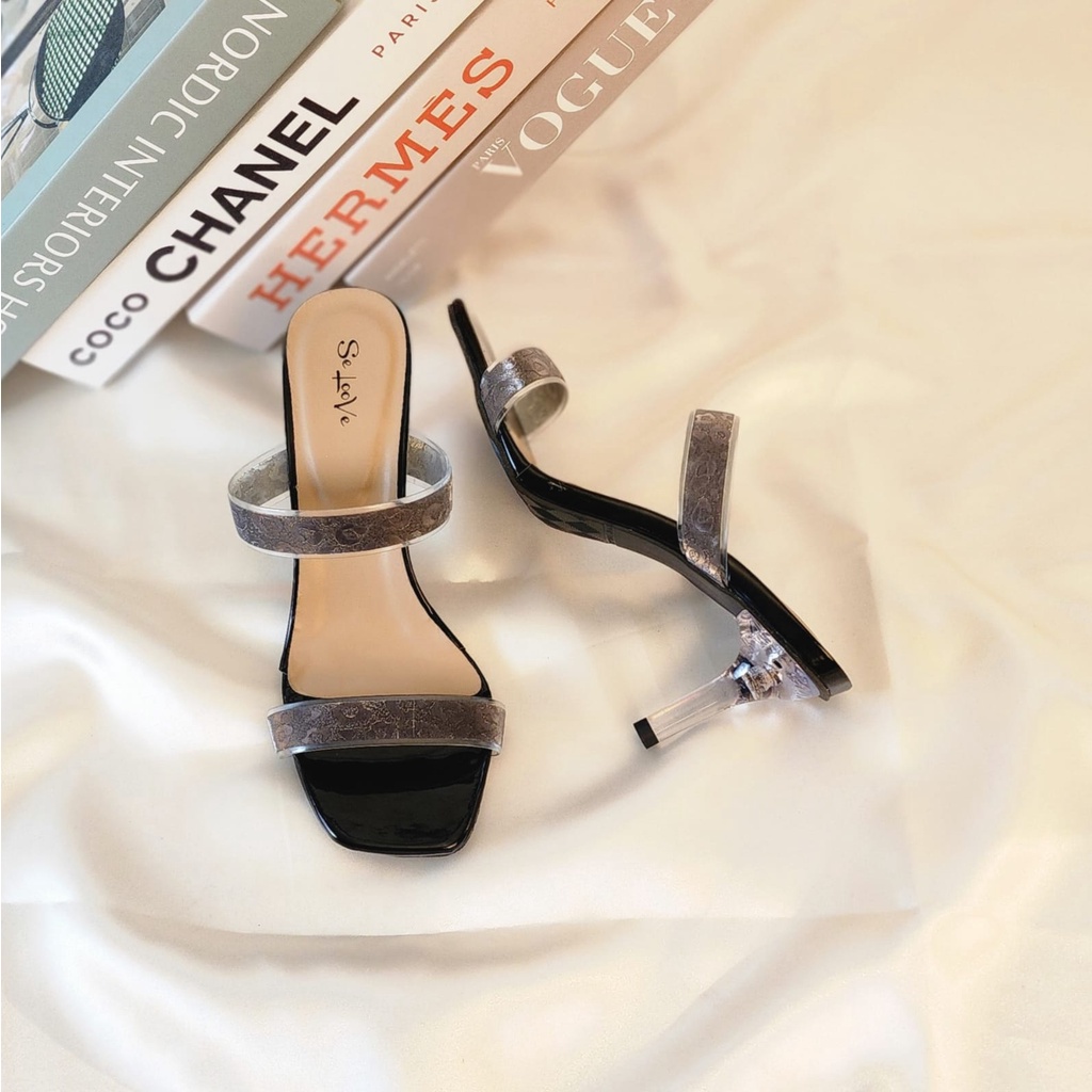 Arlaine - Elonia High Heels Wanita / Sandal Heels Wanita / Heels Brukat Kaca / Heels 7cm / Heels Pesta / Heels Kondangan