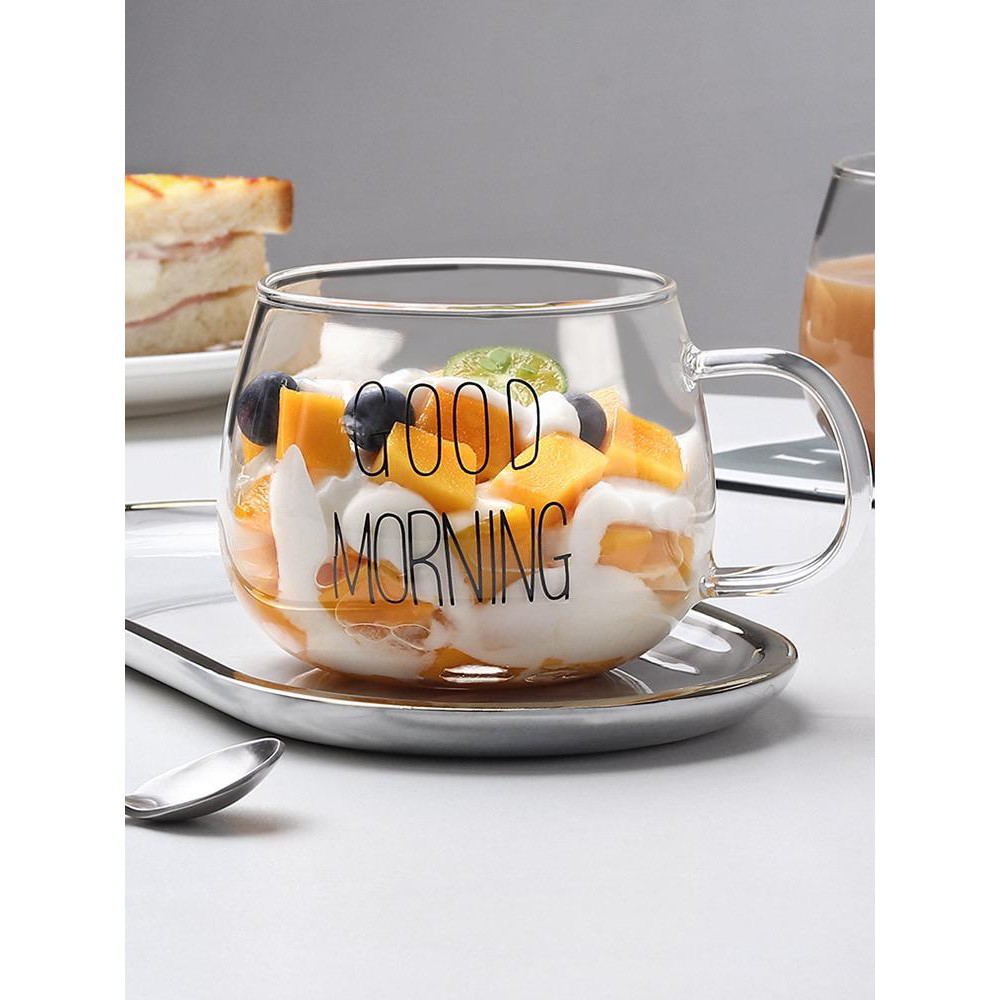 Mug Gelas Kaca Tulisan Good Mprning (350ml) - Warm(400ml) - Eropa Style