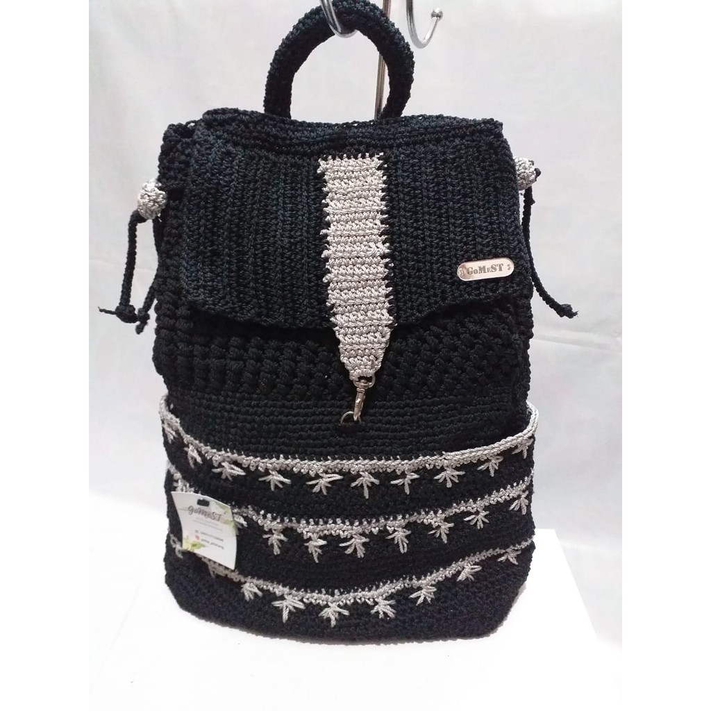[GoMeST] Tas Rajut Handmade Wanita : Tas Ransel Warna Hitam