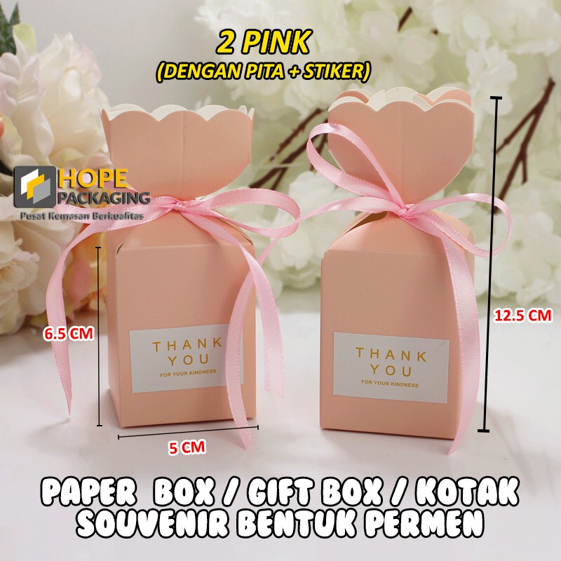 [ 5 pcs ] Paper Box Spesial Gift Box Kotak Souvenir wedding / ultah/ hadiah Bentuk Permen GRATIS Pita plus Stiker