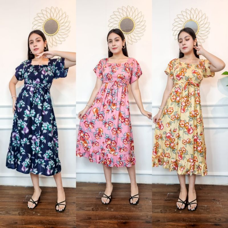 Daster Bali Kerut Dada / Dress Bali Kerut Dada / Daster Bali Panjang Ruffle / Daster Bali Vanesa Ros