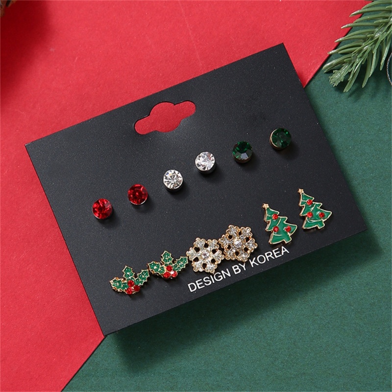 6 Pasang Anting Stud Handmade Bentuk Bola Snowflake Pohon Natal Untuk Wanita