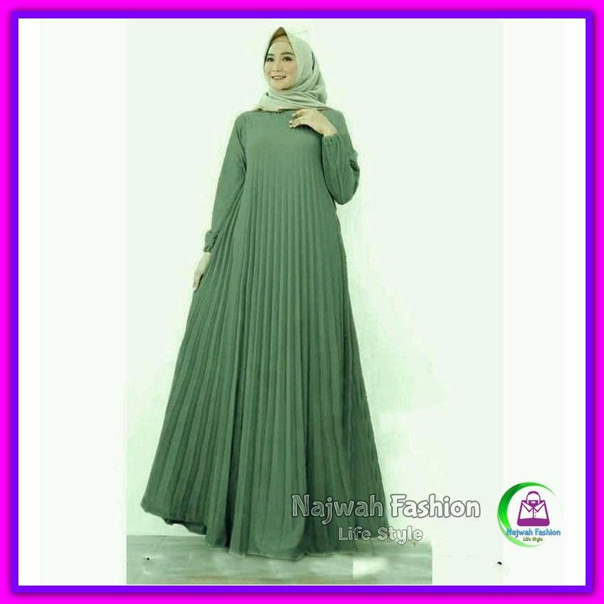 Jual Baju Long Dress Wanita Higet Super Plisket Premium Maxi Dress Gamis Syari Amanda Army Murah
