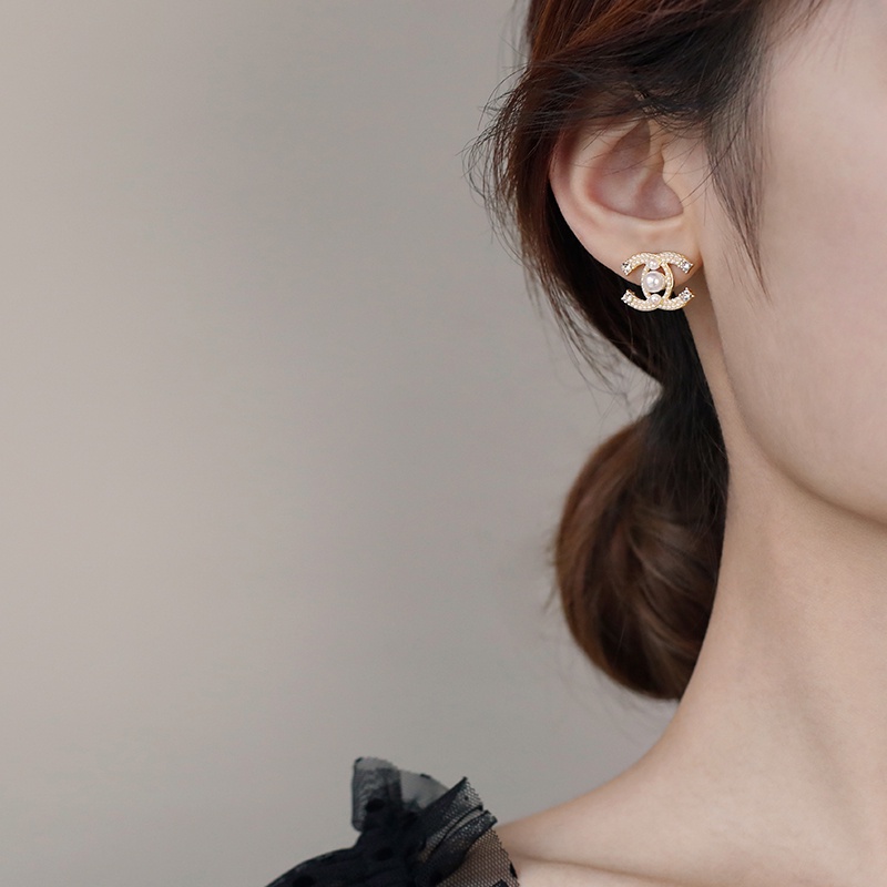 Anting Huruf C Ganda Mutiara Kecil Untuk Wanita Aksesoris Telinga fashion Korea