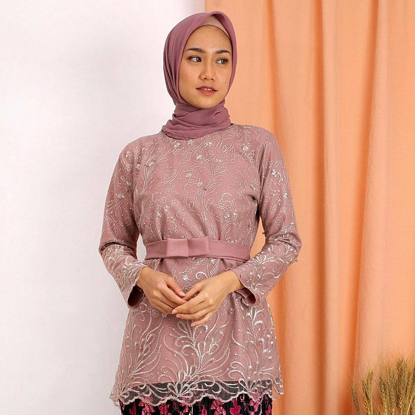 (DIJAMIN REALPICT) Kebaya Manohara Tile Bordir Glitter + Mutiara Tunik Wisuda Kondangan Rok Plisket-DUSTYGELAP ATASAN AJ