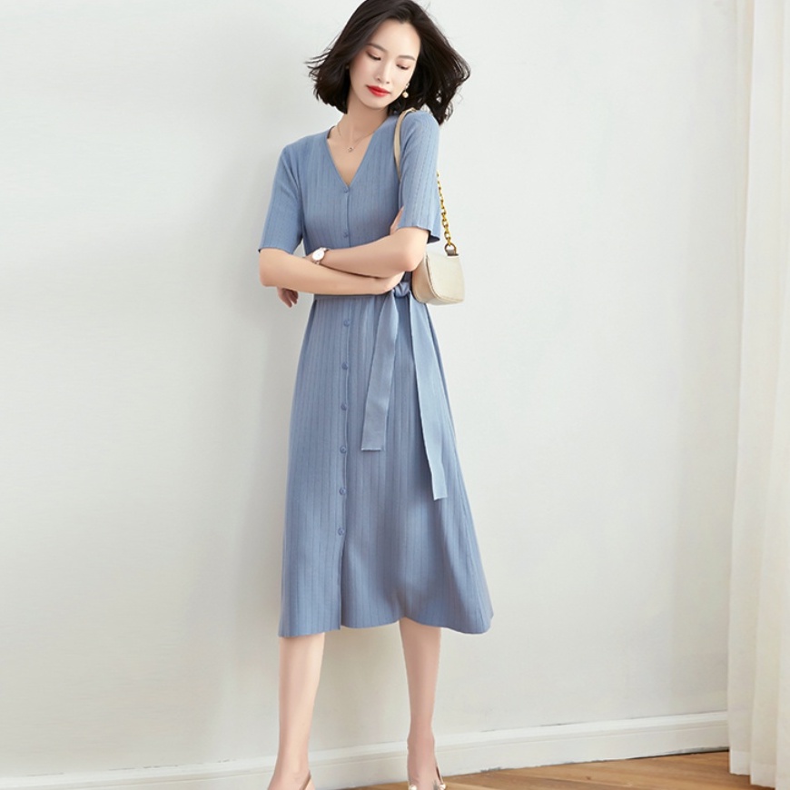 【Elegant】Korean Casual Lembut Knit V-neck Dress 7103