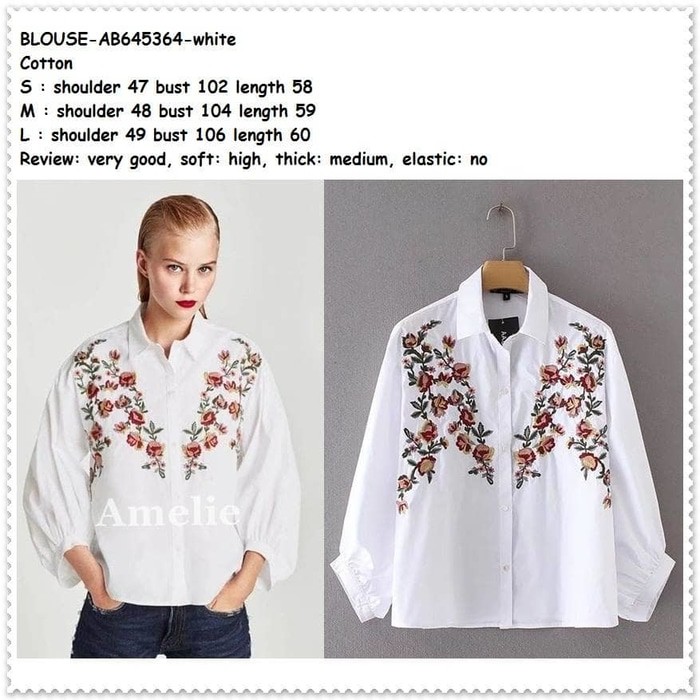 Baju Balon Atasan Kerja Kemeja Putih Bordir Blouse Wanita Korea Import BEST.