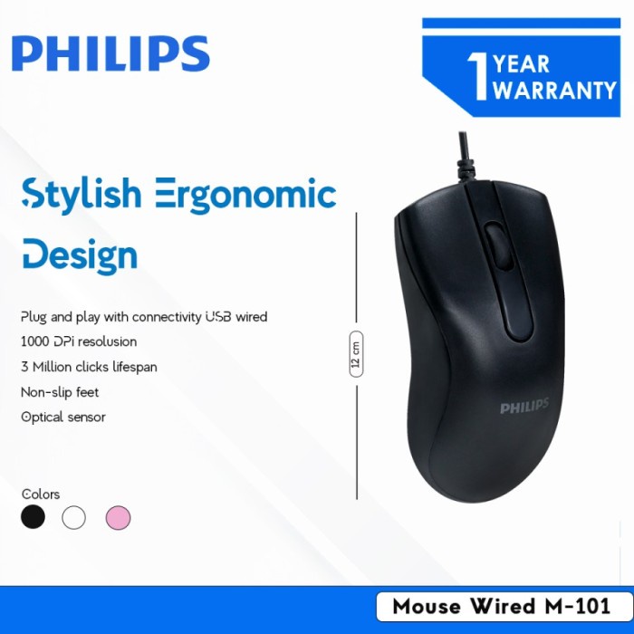 Mouse USB Philips M101 Wired M-101 Kabel Office Ergonomic Design