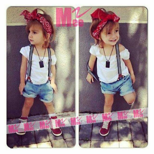 Setelan Anak Cewek Pretty In White Set 3in 1(baju,celana,suspender)