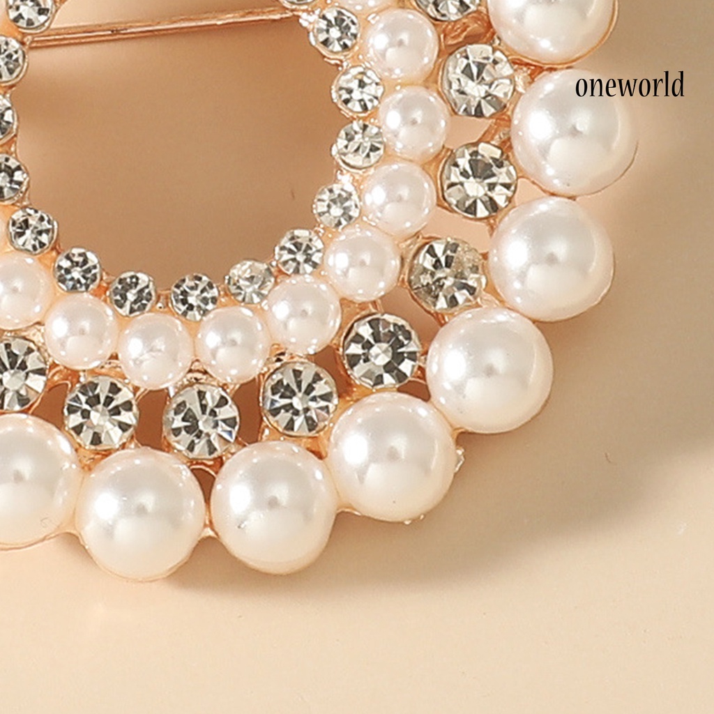 OW@ Women Round Faux Pearl Rhinestone Decor Brooch Pin Corsage Fashion Accessory