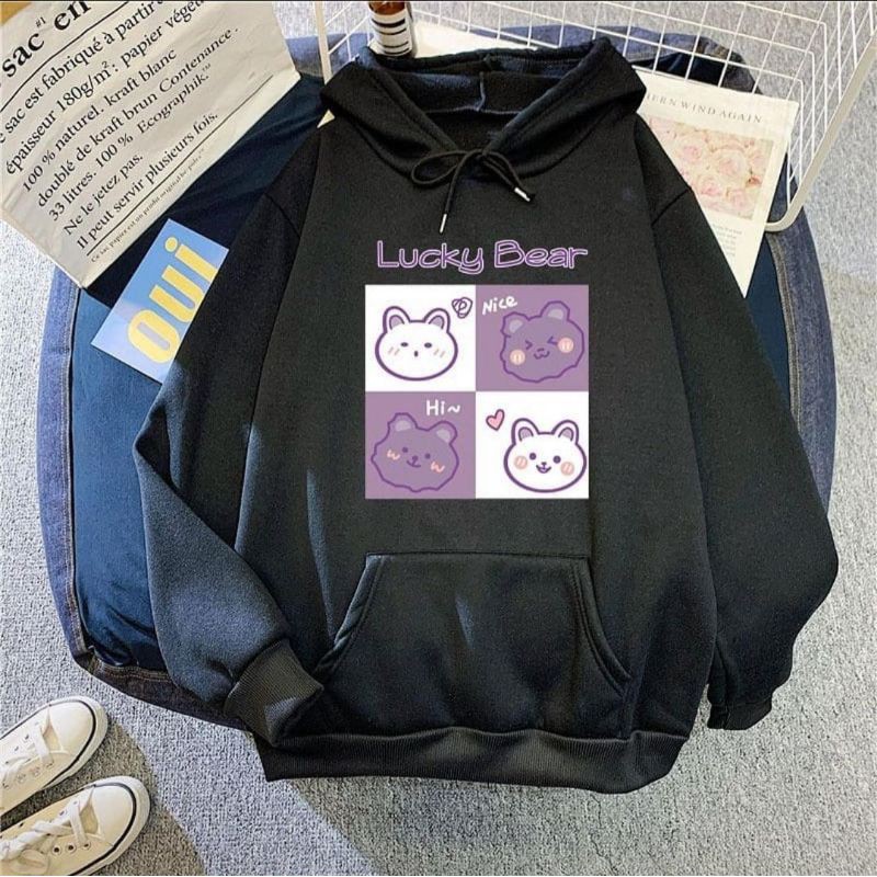 HOODIE WANITA SQUARE LUCKY BEAR /// JUMPER WANITA CASUAL FLEECE KEKINIAN TERBARU''