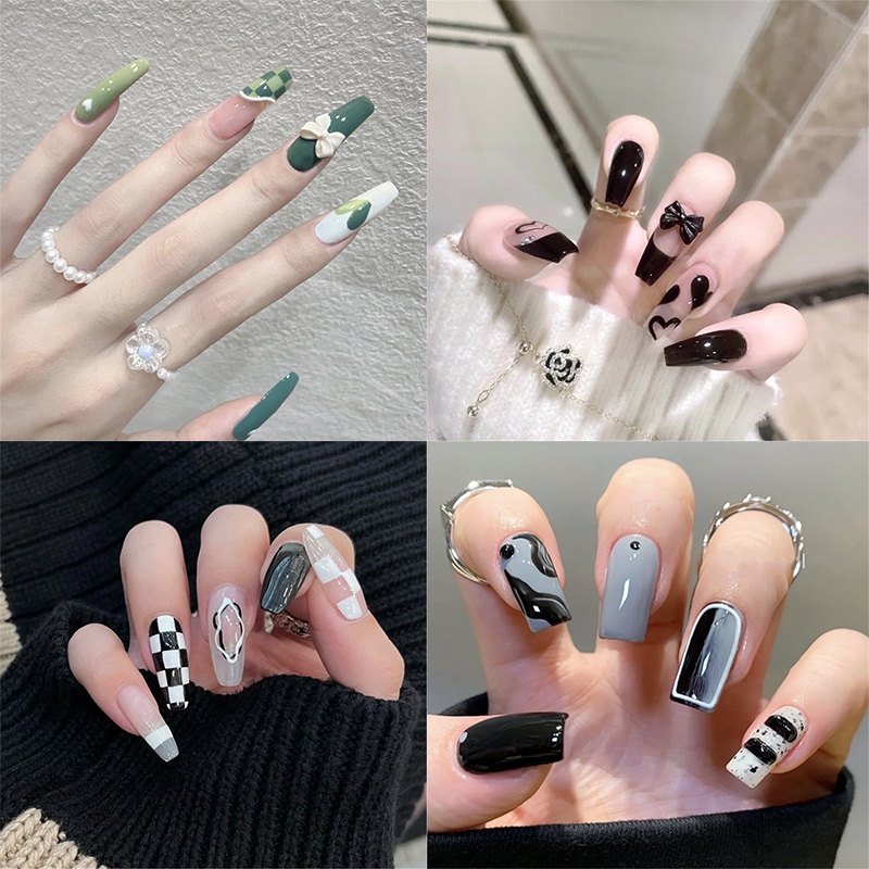 24pcs Kuku Palsu Warna Hitam Putih Hijau Wearable Untuk Dekorasi Nail Art