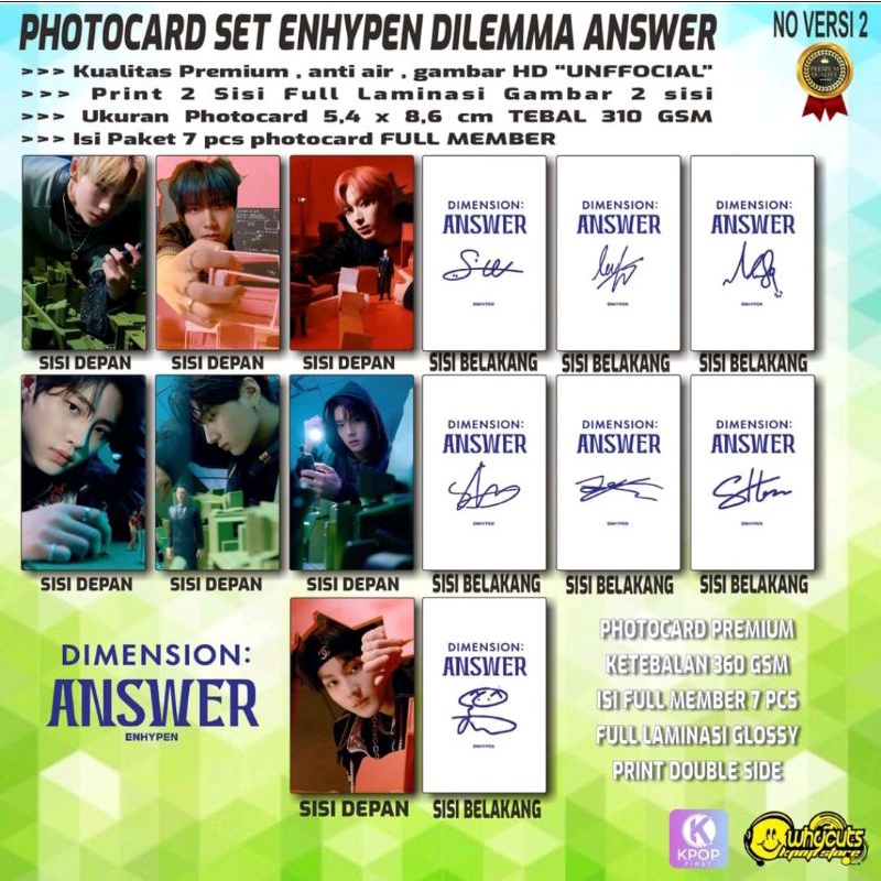 PHOTOCARD SET KPOP PREMIUM ENHYPEN // DIMENSION ANSWER // ISI 7 PCS // Print 2 sisi full laminasi