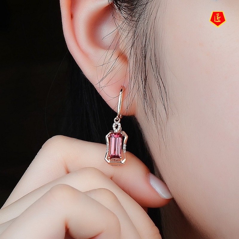 [Ready Stock]New 18K Rose Gold Red Tourmaline Earrings