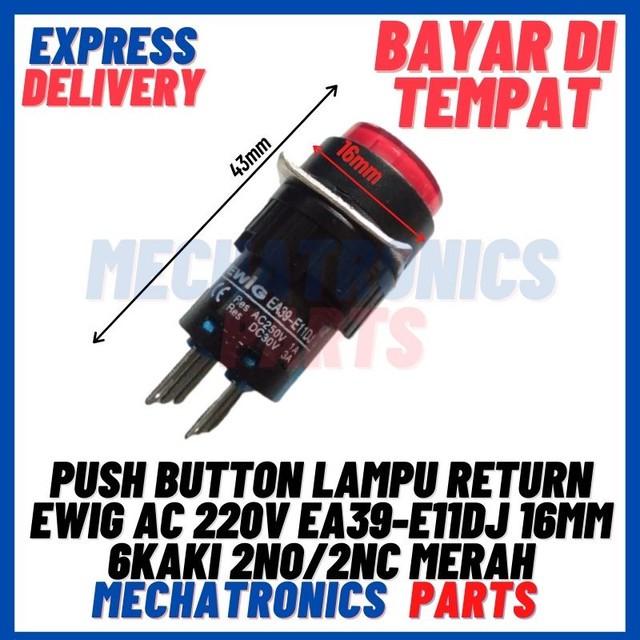 [SWI-9075] PUSH BUTTON LAMPU RETURN EWIG AC 220V EA39-E11DJ 16MM 6KAKI 2NO/2NC MERAH