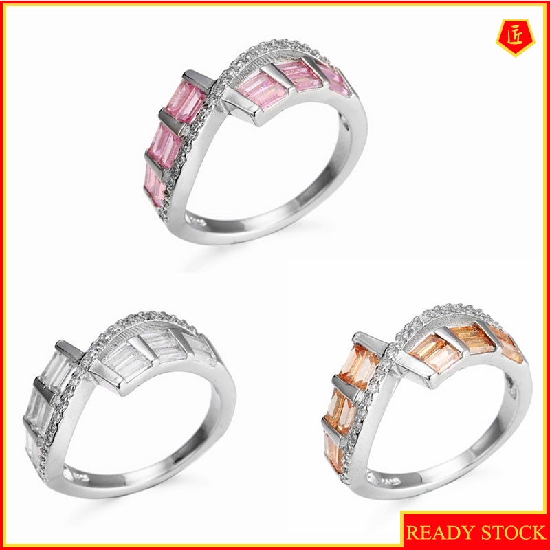 [Ready Stock]Creative Inlaid Square Diamond Pink Crystal Ring Female Fashion