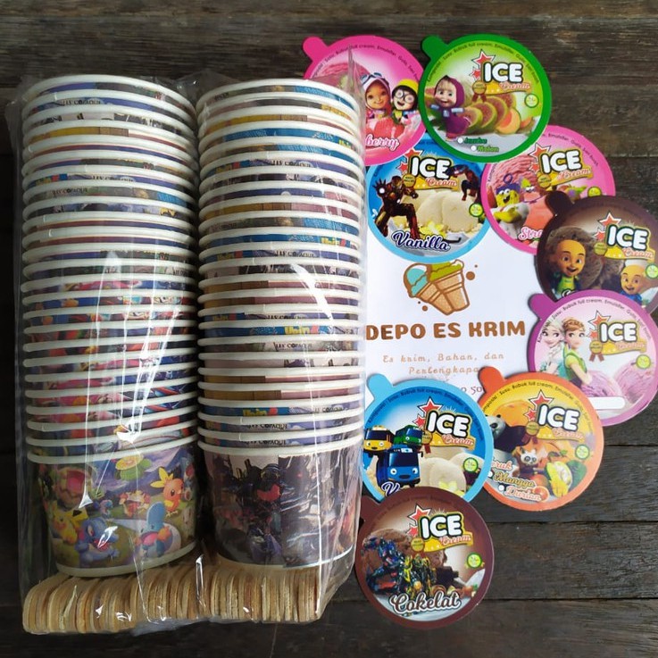 Paper Cup Es Krim 100 ml Murah (Cup Kertas 100ml Sendok Tutup Motif Lucu)