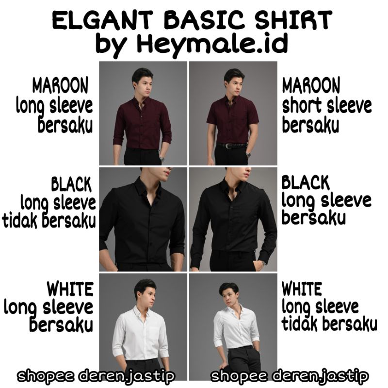 ELGANT BASIC SHIRT LONG SLEEVE Tanpa Saku White & MAROON size L Only, BLACK size XL Only by Heymale.