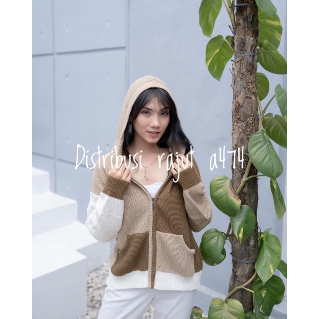 JAKET SWEATER HOODIE RAJUT TWOTONE OVERSIZE RESLETING TEBAL