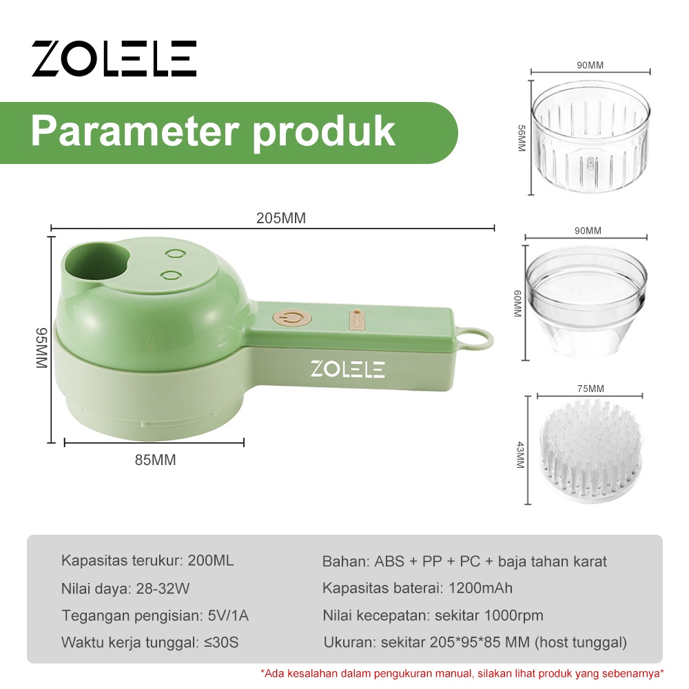 ZOLELE Electric Blender Wireless Chopper Multifungsi 4 in1 Alat Pemotong Sayuran Daging Genggam USB Charging Set Food Vegetable Onion Slicer Penggiling Cabe Cutter Fruit Slicer Grater Food Cooking Processor Mini ZD003