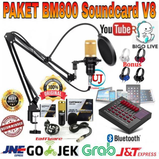 Paket Komplit Mic BM800 Soundcard V8s plus Bluetooth Stand ARM NB35 Pop Filter Recording Terbaik