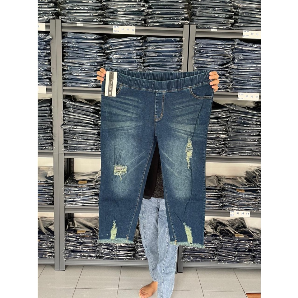 Celana Jeans 7/9 Pinggang Full Karet Jumbo Celana Jeans Bigsize Distro