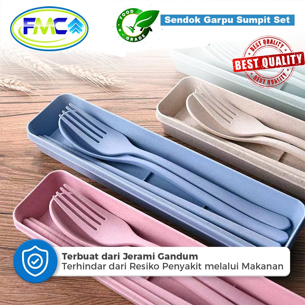 Sendok Makan Set Garpu Sumpit Free Box Sendok Set Bahan Jerami Sendok Set 3in1 Perlengkapan Makan Traveling Size Murah Import