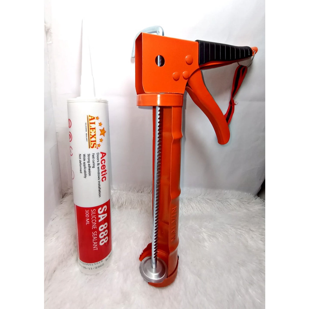1 Paket alat Tembak + Lem Dextone 300 Ml Sealant Silicone Silicon Kaca Keramik Besi Karet Kaca Metal