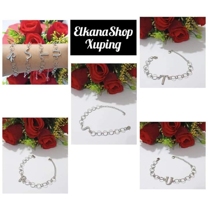 Gelang Dewasa Ring bulat  Ininsial Nama A-Z chat pilih huruf.silver xuping