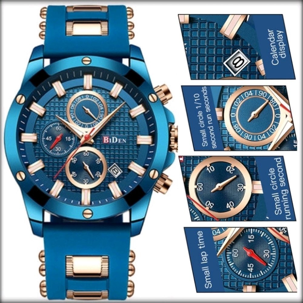 Langsung Order Jam Tangan Pria Original Elegan BIDEN Blue Rose Gold B-0140 Sport Watch Berkualitas