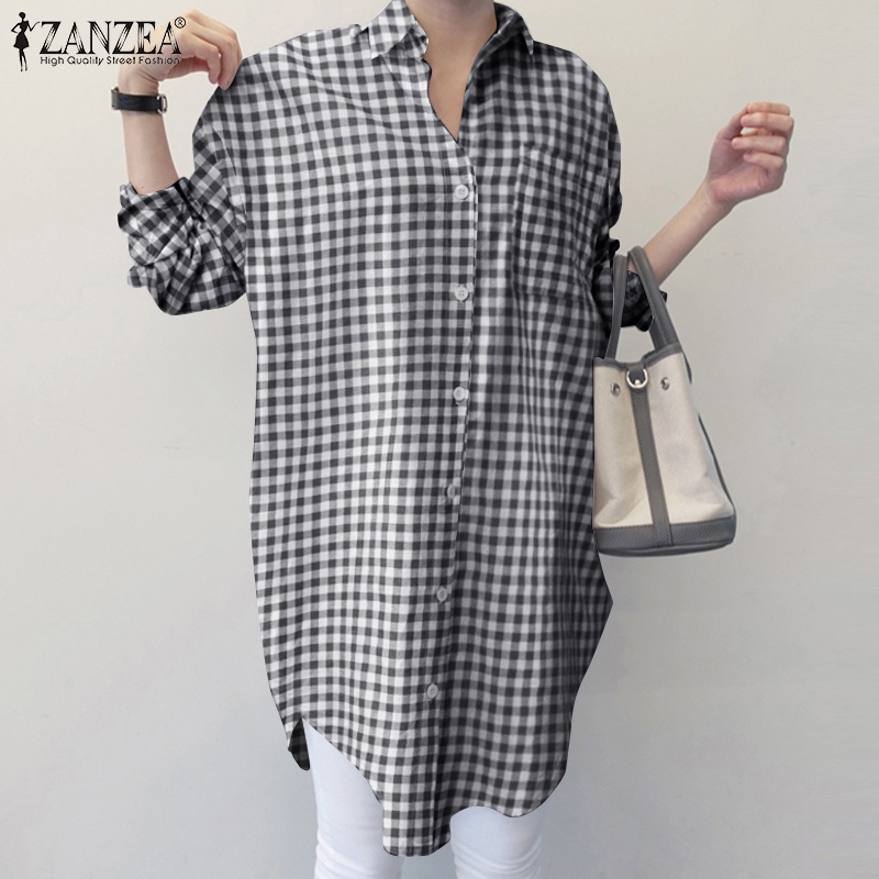 ZANZEA Women Casual Fashion Full Sleeve Turn-Down-Collar Plaid Color Print Long Blouse