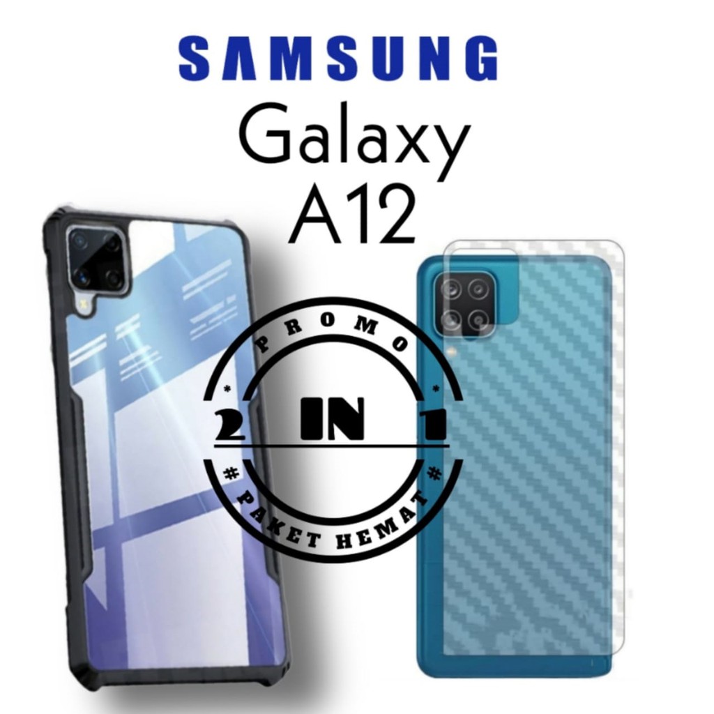 Paket 2in1 Case Samsung A12 HardCase Fusion Armor Free SKin Carbon Screen Protector