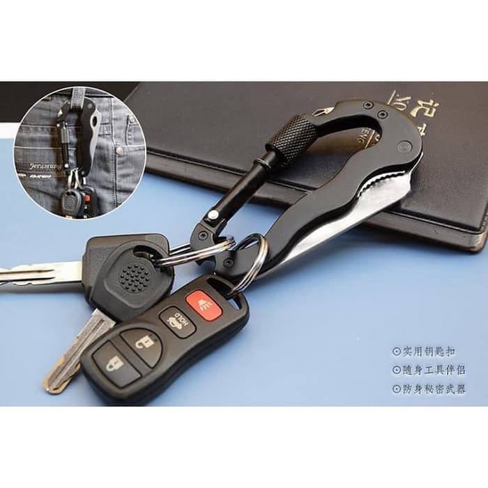 6in1 EDC Carabiner Obeng Pisau Gergaji Pembuka Botol Gantungan kunci