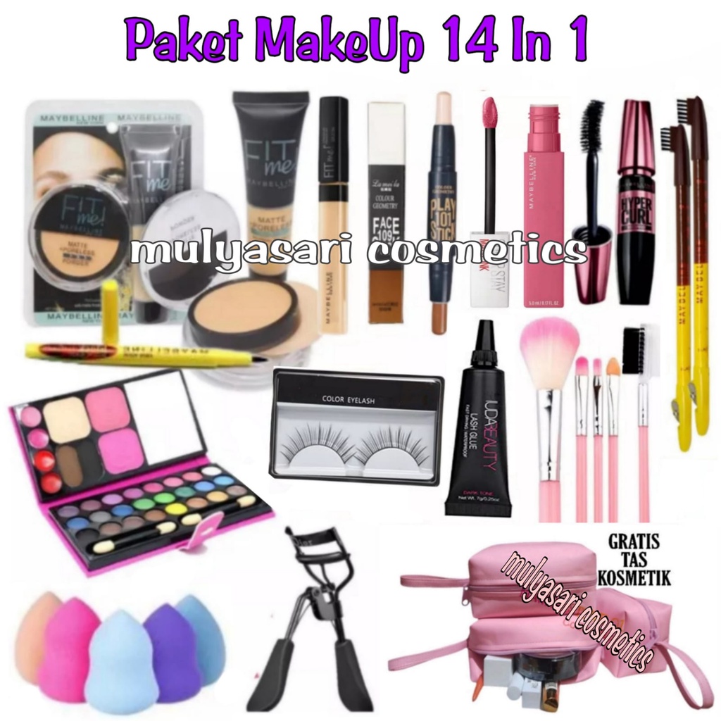 [Paket Hemat] MakeUp Set Maybelline Lengkap 14 in 1 / Paket Kosmetik Maybelline 14 in 1 Super Lengkap Murah + Gratis Tas Kosmetik Pouch