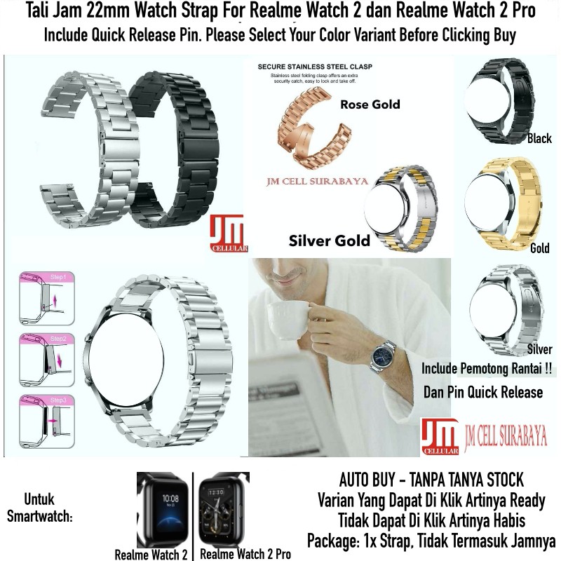 Tali Jam 22mm Watch Strap Realme Watch 2 / Pro - Stainless Steel Full