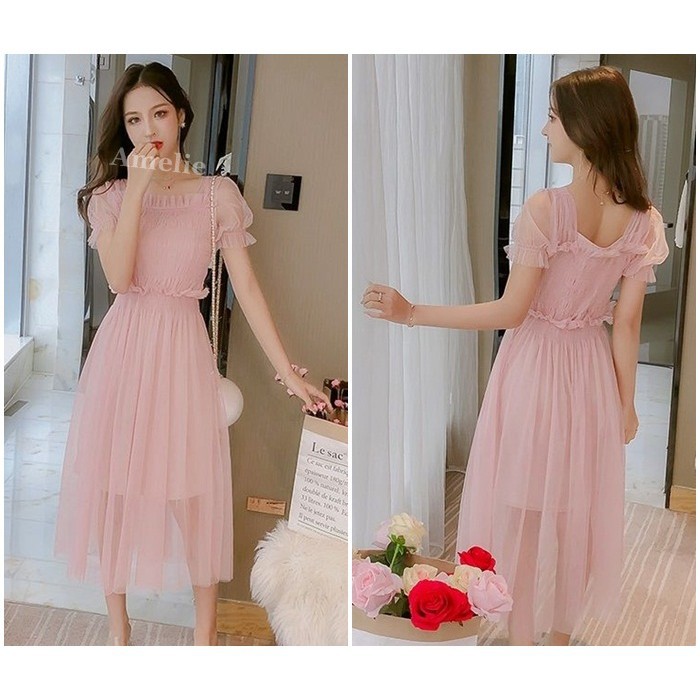 [baju wanita korea]  Long Dress Midi Gaun Pesta Wanita Korea Import Pink Putih