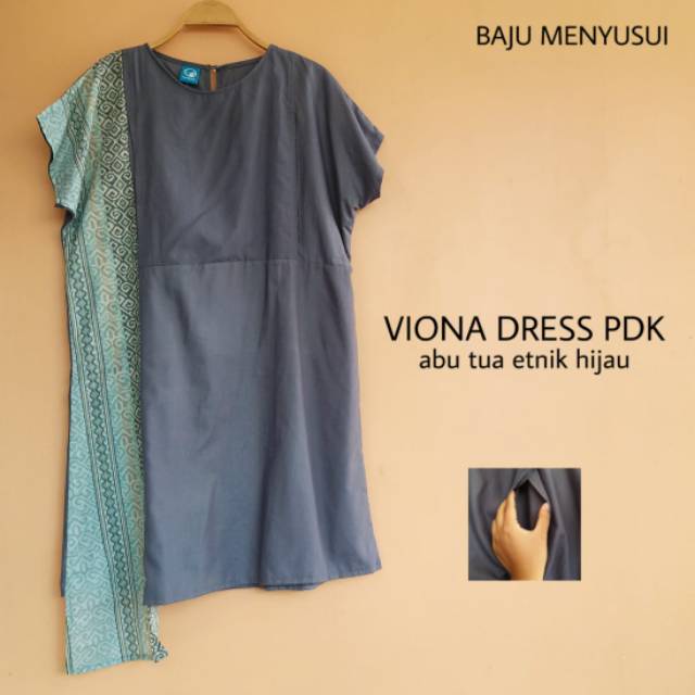 Viona dress pendek abu tua etnik hijau