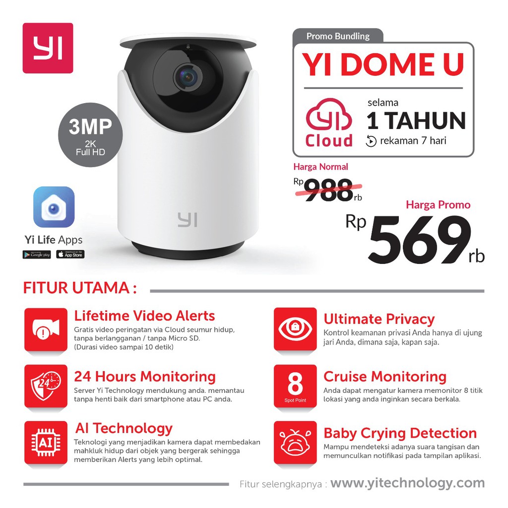 CCTV Xiaomi Yi Dome Camera U 3MP Face Detection IP Camera Garansi 1th