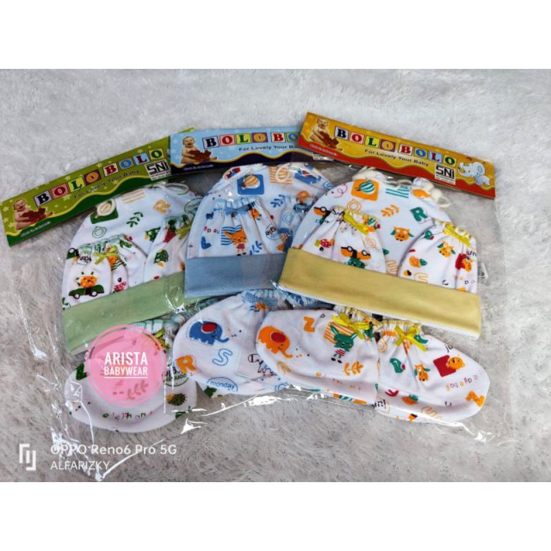 SNI BOLOBOLO - SET topi+Sartaki bayi PUTIH MOTIF
