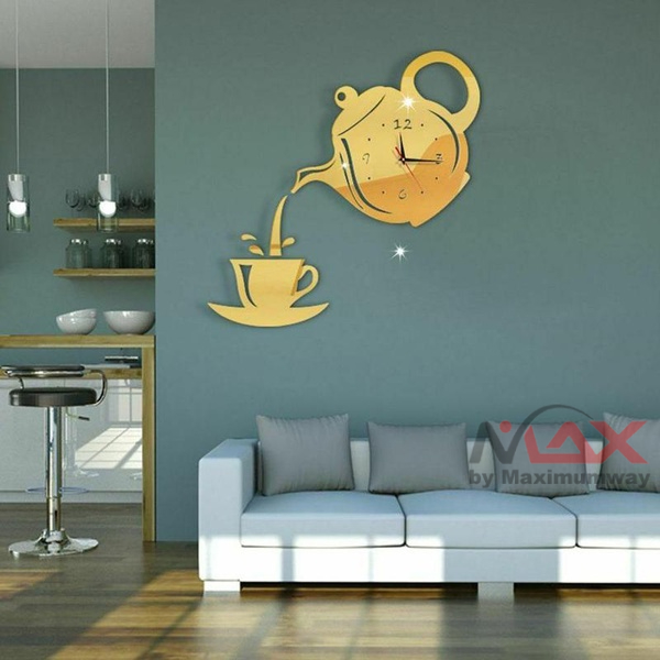 LUMINOVA Jam Dinding Cafe 3D Akrilik Kopi Cangkir Design Minimalis Modern Quartz 3D Creative Design Cangkir Teko Creative Teapot Kettle Wall Clock Acrylic 3D Coffee Tea Cup Wall Clocks for Home Kitchen Dining Living Room Office Decorations