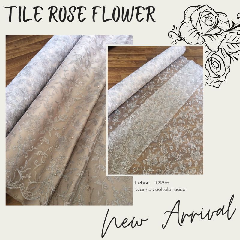 Kain Brukat Bahan kebaya Tile Mutiara Rose Flower Warna Coklat Susu Caramel Coksu