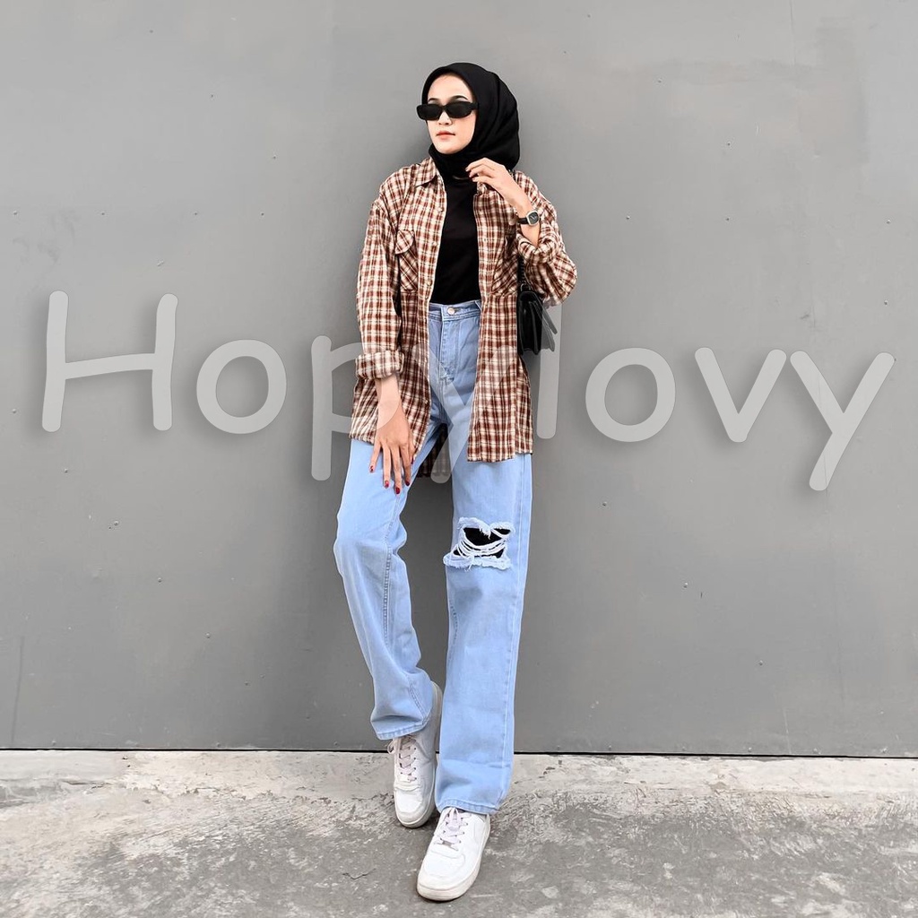 HOPYLOVY Celana Panjang Kulot Jeans Highwaist Sobek Long BF Ishika Loose Jeans