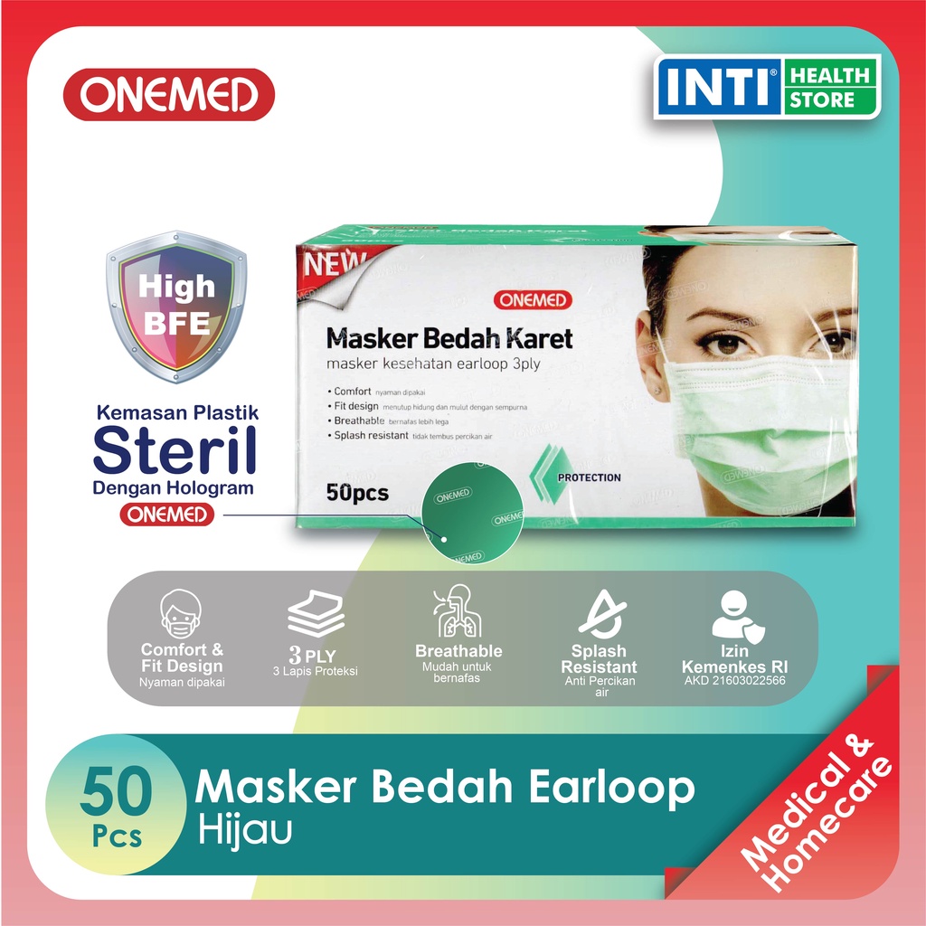 Onemed | Masker 3 Ply Earloop Medis | Earloop Surgical Mask | Warna Hijau / Pink / Kuning / Biru / Ungu