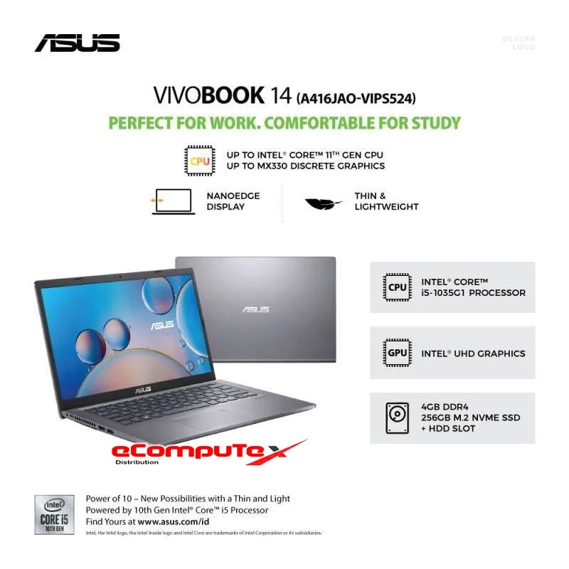 ASUS VIVOBOOK A416JAO-VIPS524 /CORE I5-1035G1/4GB/256GB SSD/14″/WIN 10 /GREY ORIGINAL GARANSI RESMI