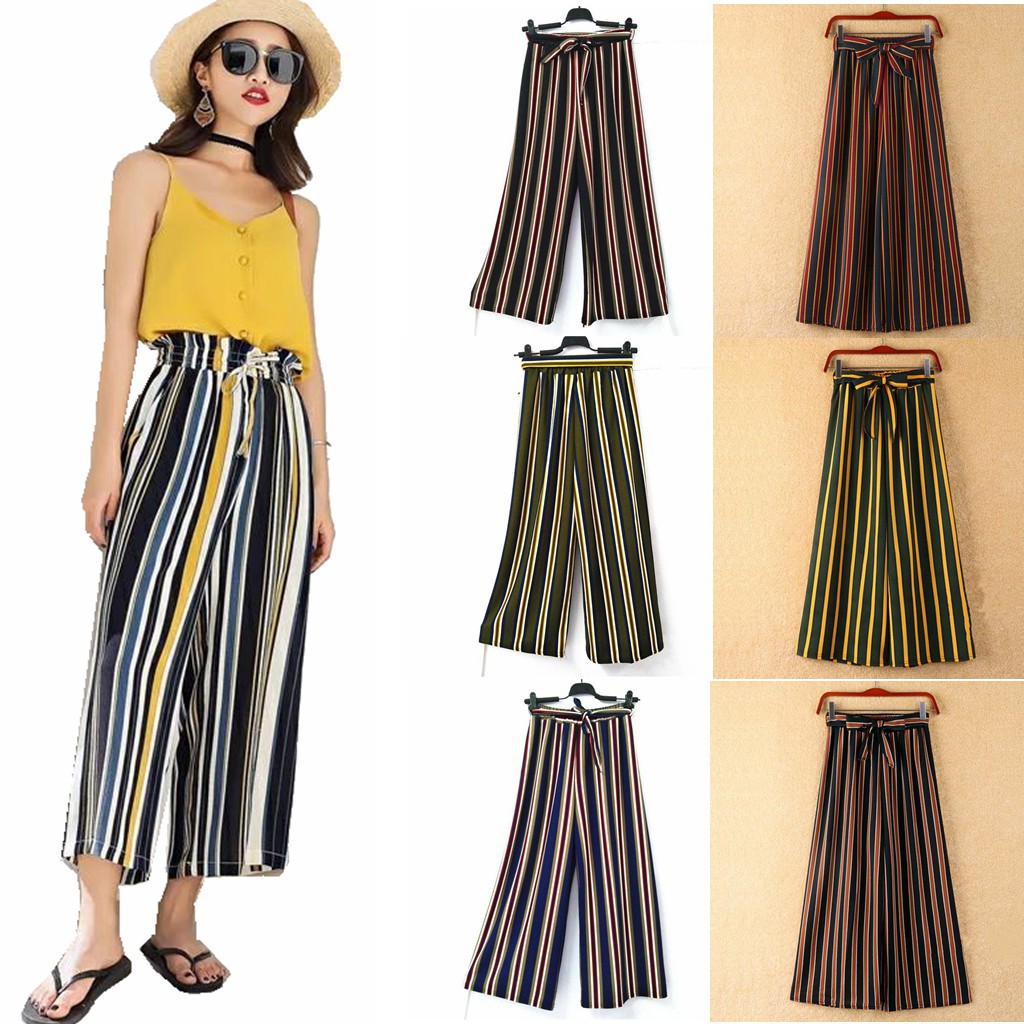  Celana  Panjang Model High Waist Lebar Motif  Garis  Gaya 